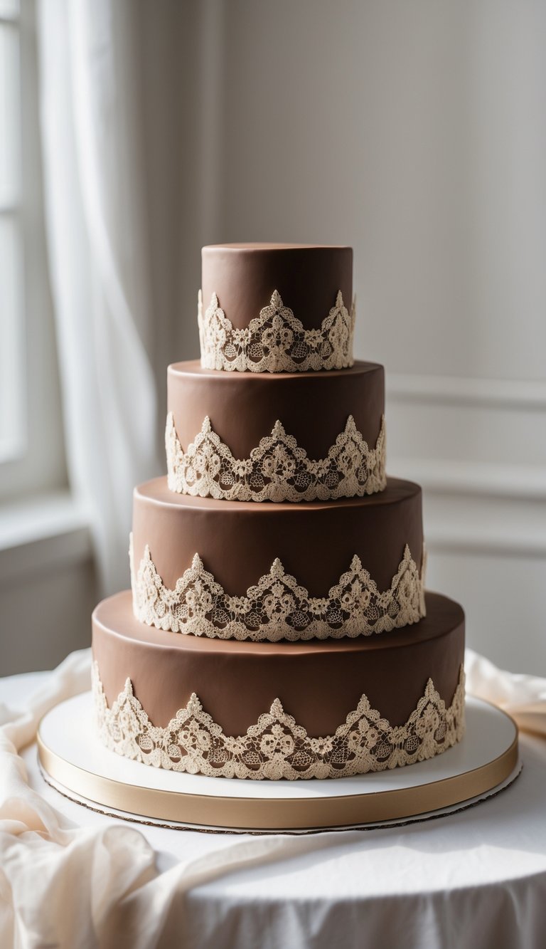 A multi-tiered wedding cake covered in chocolate brown fondant with gold lace decorations.